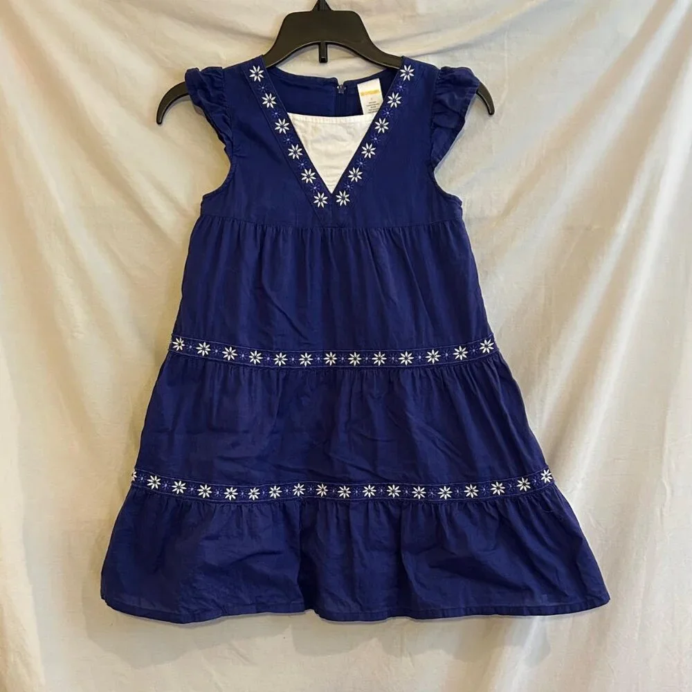 Gymboree Girls 6 Blue Embroidered Flower Short Sleeve Cotton Dress Lightweight